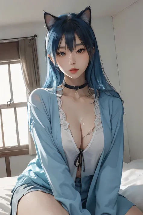 (masterpiece, 最好of_quality, Super detailed, 8k, ultra high definition, flawless:1.latin blue hair, blue hair，cat-Woman,, cat ears,  发光of粉红色眼睛, 害羞of, 合规of, Blushed, Wet oily skin, on top of bed, big胸老婆,  上面of心形纹身, , big腿粗, 优美of臀部曲线, 巨big, Tik, tight skin, s...