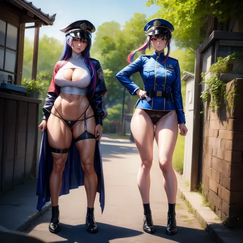 （8K ，Ultra-detailed，Super real photoest masterpiece，Nature，perfect work of art，perfect female body），two women，Sister and sister， sisters，rainbow hair，（huge tits），neighbor wife，woman hairstyle，elegant wife，At the police station，Exquisite and ，wearing police...