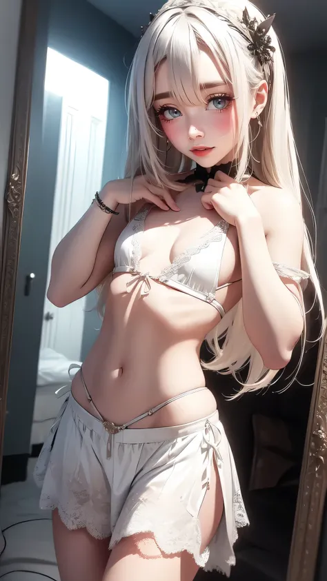 (random sexy pose:1.8),(White Gothic Lolita Dress:1.2),super dense skin,(Thin type:1.8),small, beautiful breasts,(flat chest:1.8), white skin, pointed chest, erect nipples,(twin drill),(super thin hair), (super soft hair), (ultra straight hair),dull bangs,...