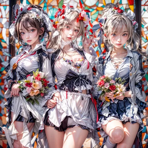 (White and Red, Acutance:0.8), Masterpiece, (physically-based rendering with ultra-detailed, (realistic and (photorealistic:1.37) with touch of rawness)). A group of KAWAII girls in opened school uniform without brassiere . ((extremely detailed KAWAII face...