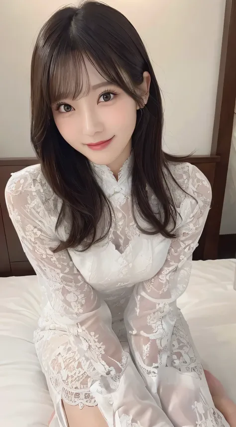 ((Ao dai with white all over lace pattern、put your feet out))、(,,no makeup、fine eyeold sexy pose in the bedroom、look at the camera、最高のsmile)、(highest quality,masterpiece:1.3,ultra high resolution,),(Super detailed,caustics),(realistic:1.4,RAW shooting),ult...
