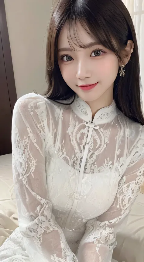 ((Ao dai with white all over lace pattern、put your feet out))、(,,no makeup、fine eyeold sexy pose in the bedroom、look at the camera、最高のsmile)、(highest quality,masterpiece:1.3,ultra high resolution,),(Super detailed,caustics),(realistic:1.4,RAW shooting),ult...