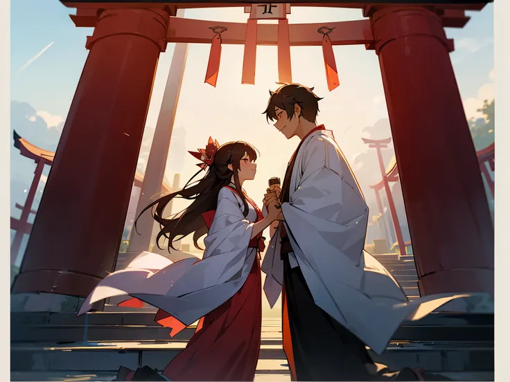 Depict a couple under a torii gate with the message "Passing Through Life Together: Love Beyond the Torii."