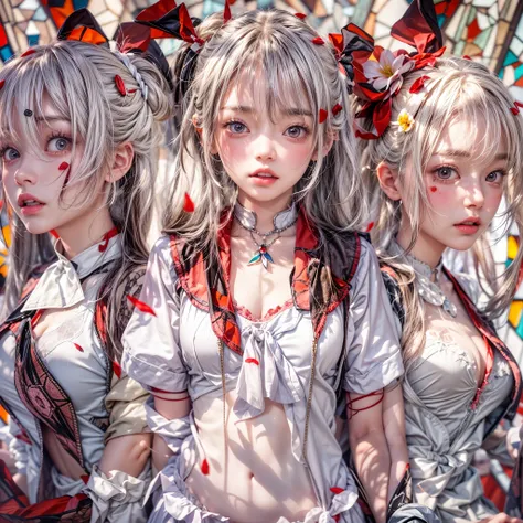 (White and Red, Acutance:0.8), Masterpiece, (physically-based rendering with ultra-detailed, (realistic and (photorealistic:1.37) with touch of rawness)). A group of KAWAII girls in opened school uniform without brassiere . ((extremely detailed KAWAII face...