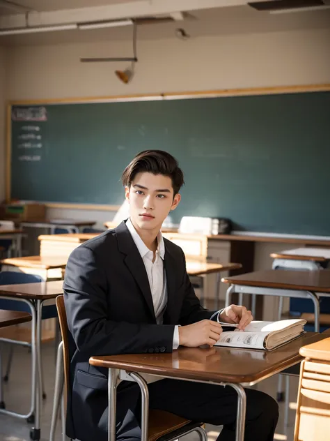 boy, 17 y.o, handsome, slick back, school, classroom