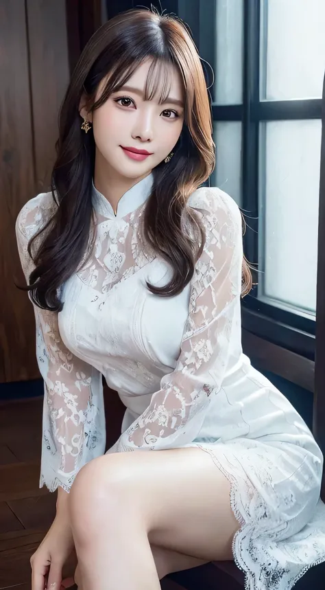 ((Ao dai with white all over lace pattern、sit with legs out))、(,,no makeup)、fine eyeold sexy pose、、(highest quality,masterpiece:1.3,ultra high resolution,),(Super detailed,caustics),(realistic:1.4,RAW shooting),ultra-realistic capture,very detailed,High re...