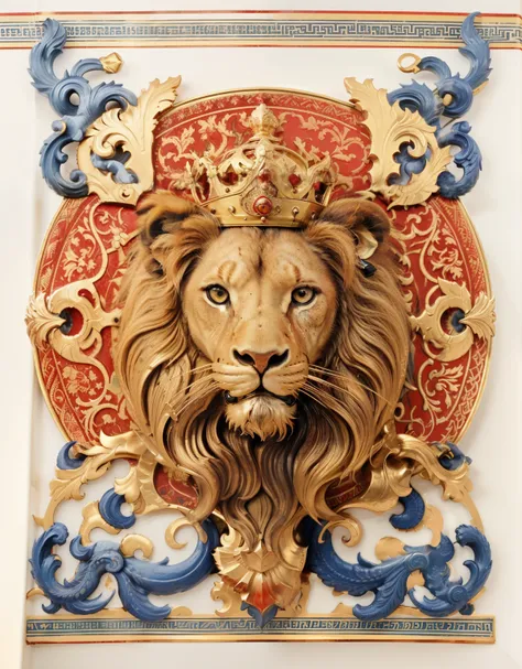 a close up of a plate with a lion on it, ornate art, lion with crown, by derek zabrocki, by Ignacio Zuloaga, fire lion, intricate artwork, by Kanō Tanyū, lion, by Serhii Vasylkivsky, by Aleksander Kotsis, by Li Kan