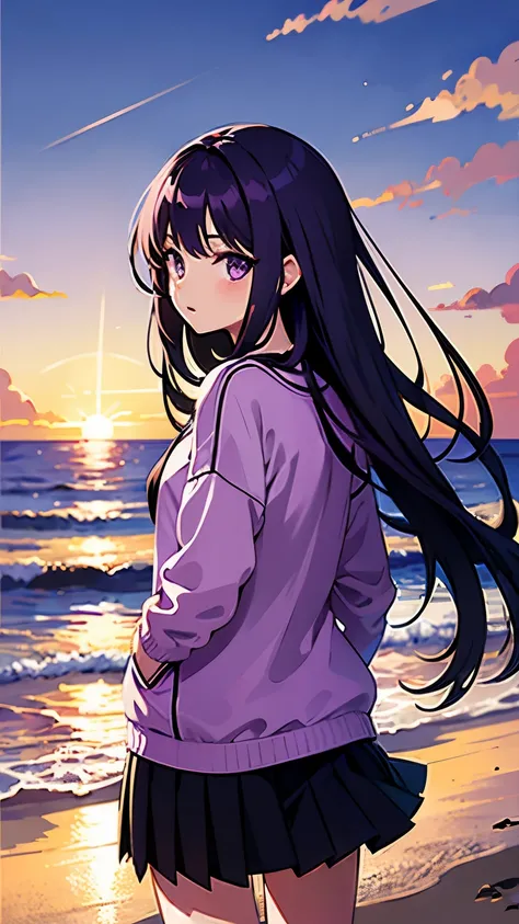 beach，seaside，Sunset，purple long hair，purple eyelack sweatshirt，black pleated skirt，8K resolution