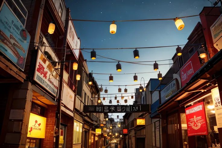 there are many bottles hanging from the wires in the air, hanging lanterns, street lanterns, wires hanging above street, street lanterns are shining, cables hanging, wires hanging, lanterns, lights,old, steampunk theme