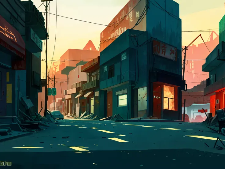 fallout videogame-inspired ruined city streets, colorful, greens and yellows