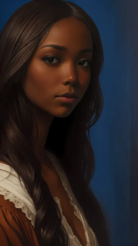 oil painting by leonardo da vinci, realistic portrait, closeup face of gabrielle union with dark skin, ebony nose, long hair, he...