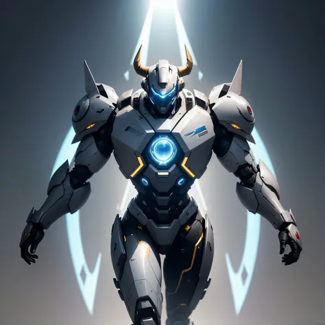 Create a digital masterpiece of a male robot with stunning bull-inspired armor. The armor should be predominantly gold with details in blue and gold. The mecha must be in a dynamic flying pose, walking towards the viewer. Deve ter olhos brilhantes da cor d...