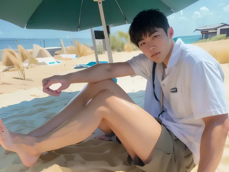 sandy beach full body photo bare feet toned male legs hairy legs wheat-colored skin two-block shorts legs visible long legs japa...