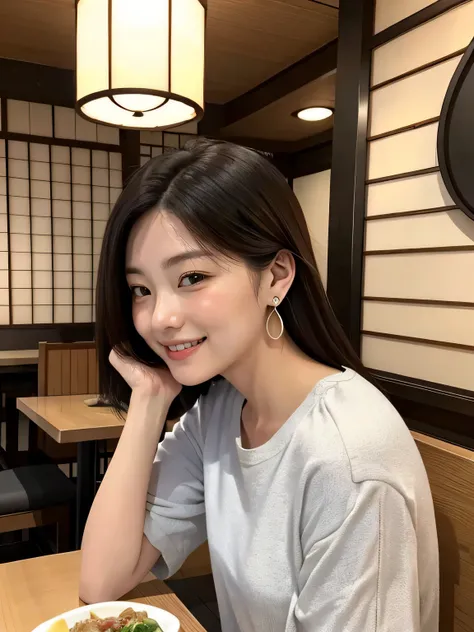 a woman, round face, casual-clothes, tiny earrings, in the Japanese-restaurant, Japanese-foods, drinks, combing her hair herself, smile, got drank a bit,