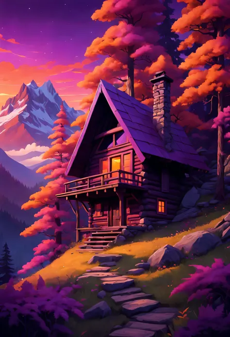 mysterious mountain cabin nestled amongst dense, psychedelic forests, with a breathtaking sunset sky casting vibrant, warm hues ...