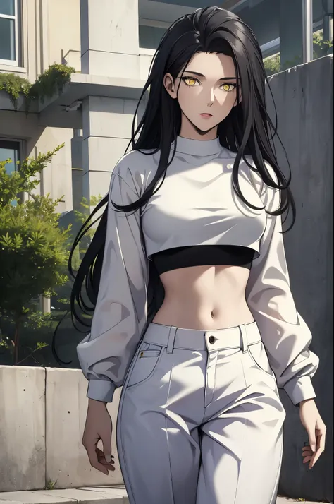 black hair,yellow eyes,masterpiece, best quality, high quality, highres, outdoors, looking at viewer, white shirt, crop top, mid...