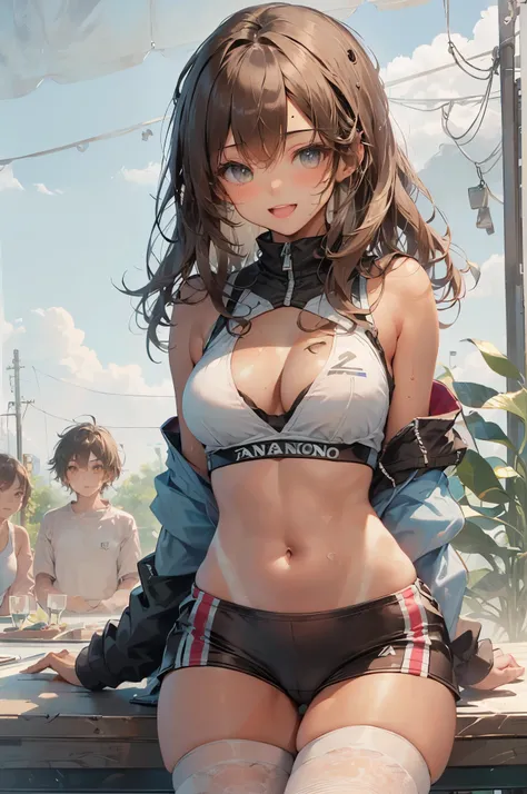 quality　Mikoto went up　Junior High School Bra　Beige shorts　　　　cool look　　huge tits　　１６age　　in the room　posture　Miwakweating in the armpits　turf　　ecstatic face　((on the table)), (1 girl:2.0), (The facial details are particularly rich, smiling), short hairst...