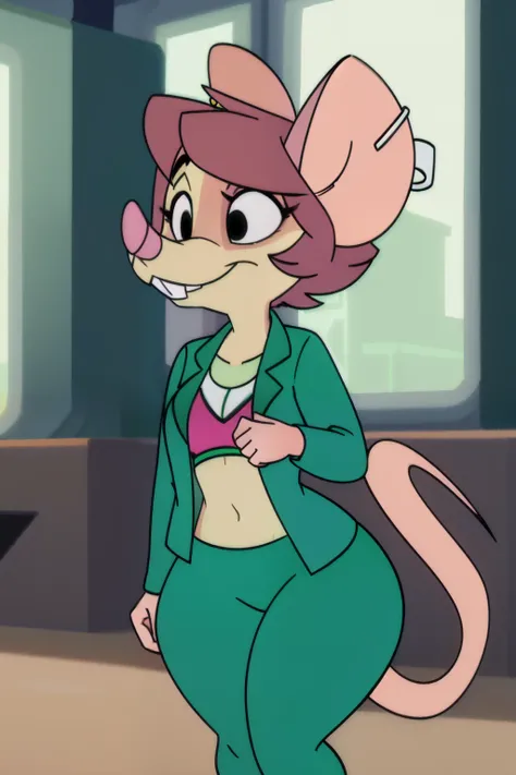 1girl, (anthro furry:1.4), SDJuliaMouse, (mouse, snout, ear clip, buckteeth), (green pencil skirt, green jacket, blouse), ((best quality:1.4), highres, crisp clean), thick thighs, wide hips, navel, jacket lift, pink bra, pink panties, (mouse tail:1.1),  re...