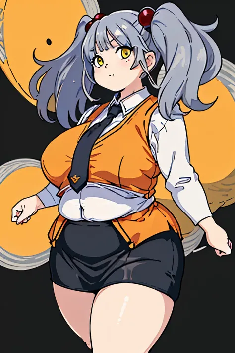 (masterpiece, best quality;1.3), ultra detailed, Looking at viewer,1girl, solo,
 ruri, grey hair,  yellow_eyes, BREAK,
orange vest, white collared shirt, black necktie, parted bangs, small breasts,twintails,hair bobbles, black short pencil skirt,Black high...