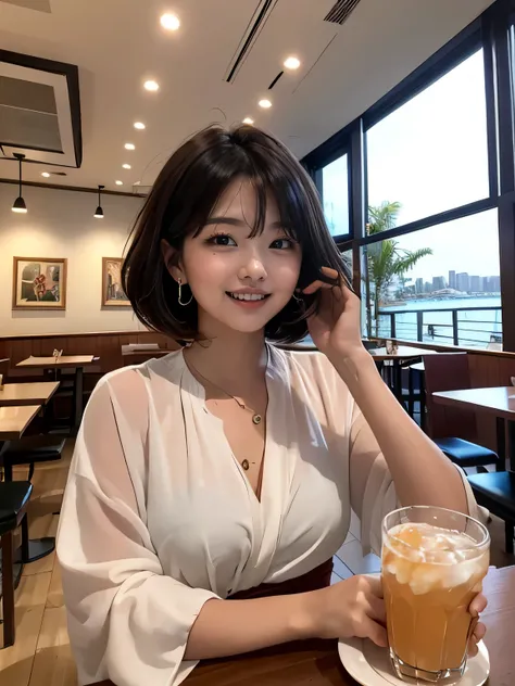 angle from below, a woman has light-brown-skin, round face, blush, short-hair, casual-clothes, blouse, swollen nipples, tiny stud earrings, in the restaurant, foods, drinks, (combing her hair herself), smile, got drank a bit, ceiling, floor, large window h...