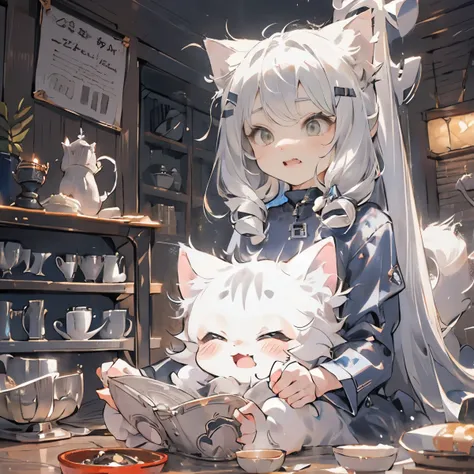 perfect picture,,silver haired cat,silver hair theme,a room full of cats,{acrobatic cat}{cute}{humiliating},{},12 year old girl,...