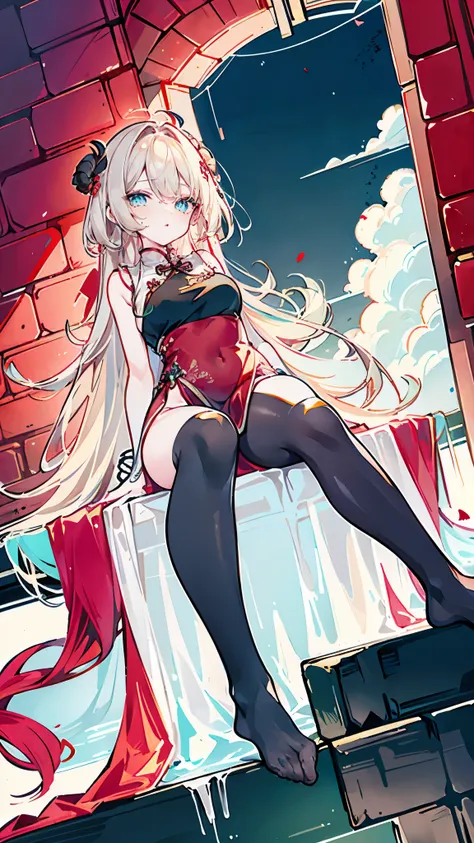 a girl，sheep&#39;bugle, full color,  长长的white头发, red眼睛 ，eyeliner,  black transparent clothes, red, open air, rose, night, ruins,...