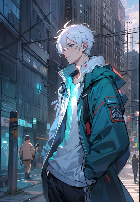 1male, , city, white hair, sea blue accents, oversized jacket, blue eyes, black pants