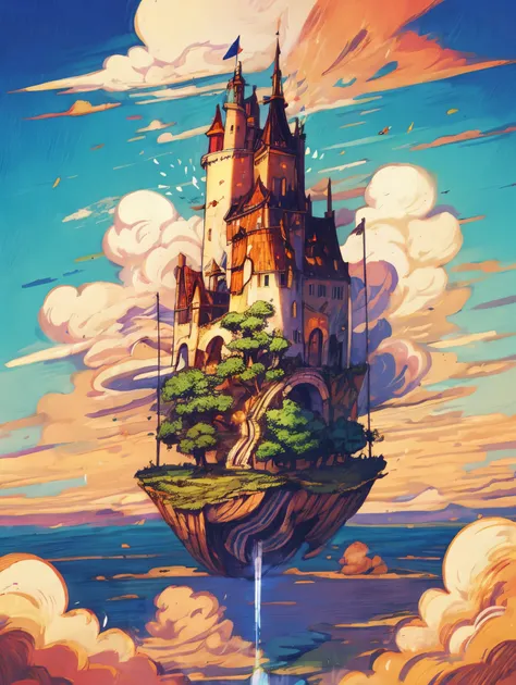 castle painting in the sky，there  a tree on it, castle in the sky style, flying island in the sky, floating city in the sky, a f...