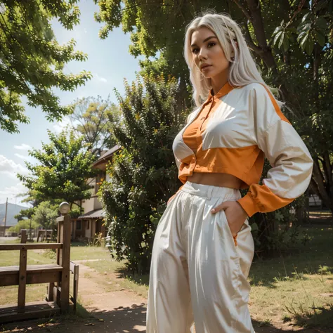 (High Resolution:1.2), (realistisch:1.37), Emily Sears with white hair, perfekte Proportionen, dynamische Pose, Sonnenlicht,baggy Outfit,Outfit,vintage Outfit,Rot,orange,Green,Blau,Gelb.