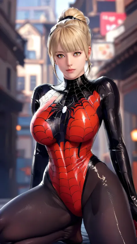 （（（blonde hair, Bangs, hair accessories, ponytail, yellow eyes, orange eyes, hair between eyes,（（（Denia，spider man，spider man服装，spider tights ））），（（（wide hips））），S-shaped body:1.7））），((masterpiece)),high resolution, ((Best quality at best))，masterpiece，qua...