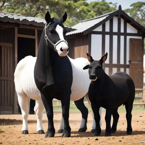 Imagem em preto e branco, fazenda com animais macabros