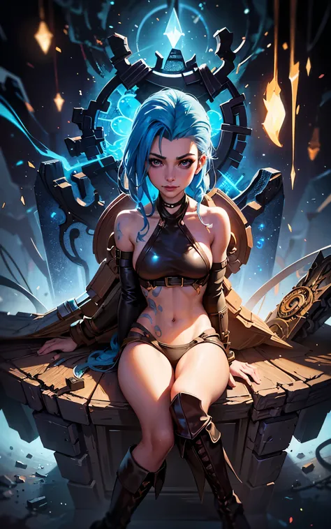 (Evangeline Lilly:Margot Robbie) is jinx from league of legends, sitting in a throne made of junk, pale skin, blue messy hair with long breads, boots, skinny body, small breasts, Full body, Beautiful anime waifu style girl,hyperdetailed painting, luminism,...