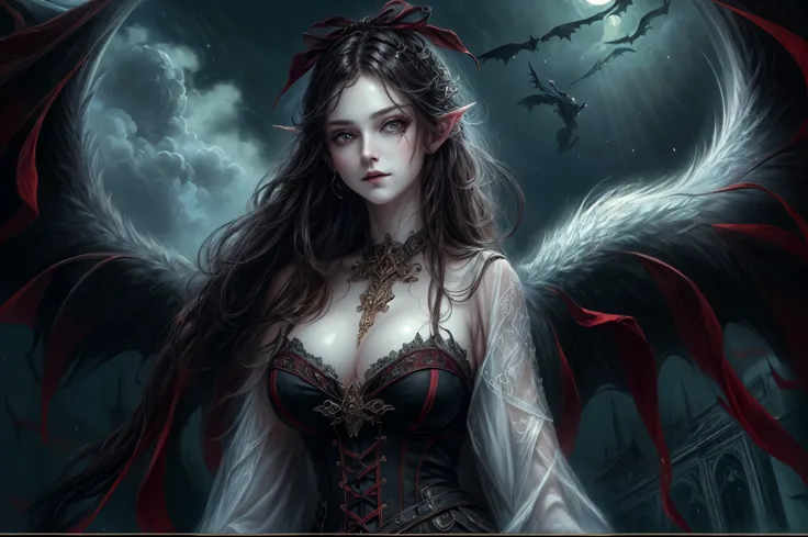 arafed, dark fantasy art, gothic art, (masterpiece:1.5), portrait, best details, highly detailed, best quality, highres, full body portrait of a vampire, elf (1.6, Masterpiece, best quality), ultra feminine (1.4 intricate details, Masterpiece, best quality...