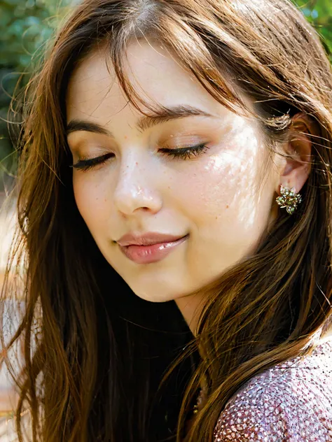 young girl with a perfect face, combining the elegance of Karen Gillan and the intriguing attractiveness of Ana de Armas. Her eyes, big and expressive, exude sophisticated elegance, emphasizing the individuality of each actress. long hair, smooth and silky...