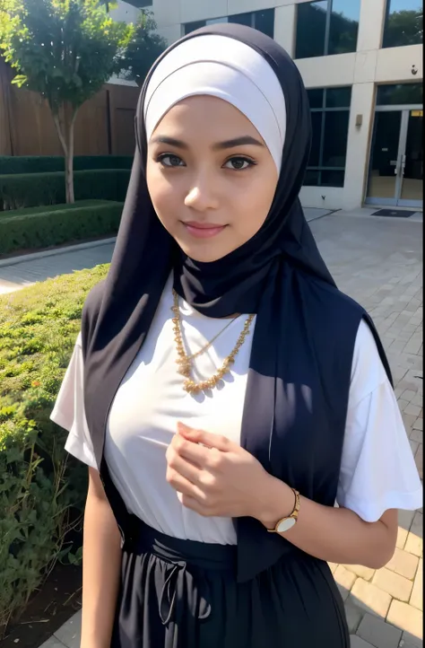 RAW, Best quality, high resolution, masterpiece: 1.3), beautiful Malay woman in hijab,Masterpiece, perfect slim fit body, gorgeous eyes, Soft smile, wear a sailor fuku, necklace, hairband, afternoon walk, City garden, Excellent lighting, Bright colors, Cle...