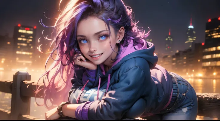 (masterpiece:1.4),(best quality:1.4),ultra high res,((detailed facial features)),HDR,8k resolution,1girl wearing a blue hoodie and blue jeans shorts, smiling, blue eyes large breasts, sexy fit body figure, solo looking at viewer, long hair, blue and purple...