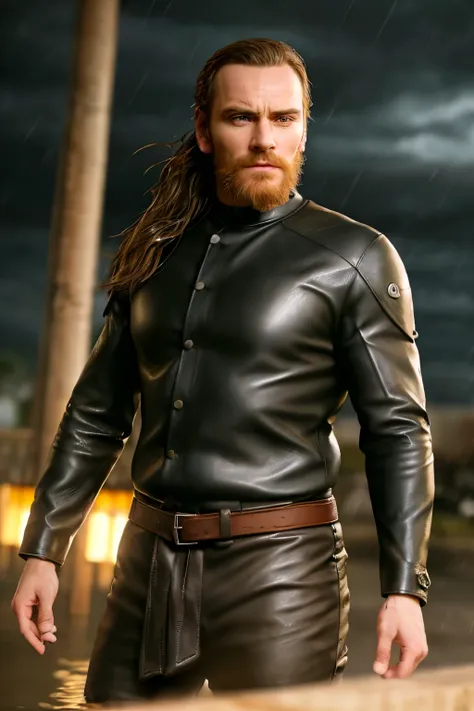 ((Michael Fassbender)), (Professional 3D rendering:1.3) de (Realistic:1.3) Foto de arte mais bonita do mundo，Features soft, bright male heroes, ((Epic hero muscular fantasy rough man angry wet hero looking long hair short beard and fierce expression in dyn...