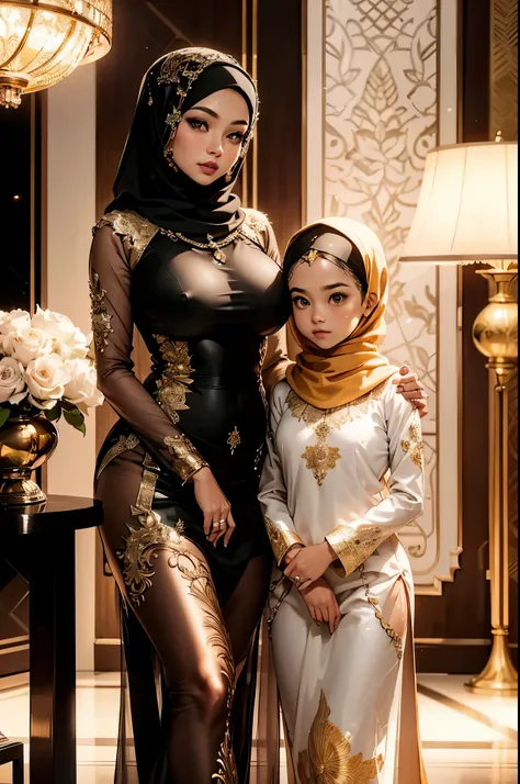 (beautifull indonesian and her younger sister with gigantic breast, wear detail luxury hijab), (detail kebaya), (elegant pose), (inside wedding hall), (luxury lamp), (luxury table), detail house background, detail luxury floor, detail flower vase, detail l...