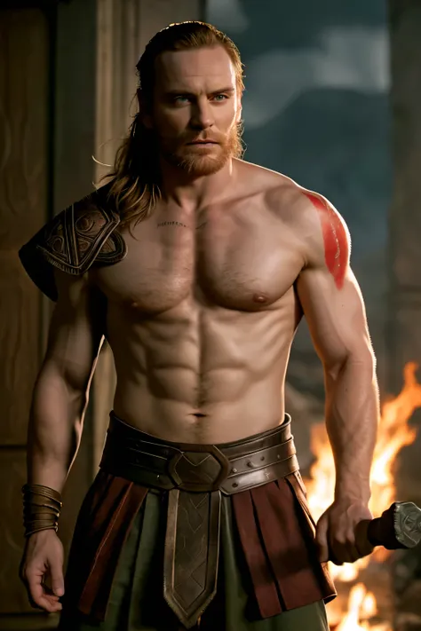 ((Michael Fassbender)), Homem com uma roupa preta segurando uma espada em um quarto escuro, Joel Kinnaman como um deus grego, 8 k filme ainda, portrait of demigod hercules, atraente macho de carne com armadura, Hercules, Retrato do deus grego Ares, filme a...