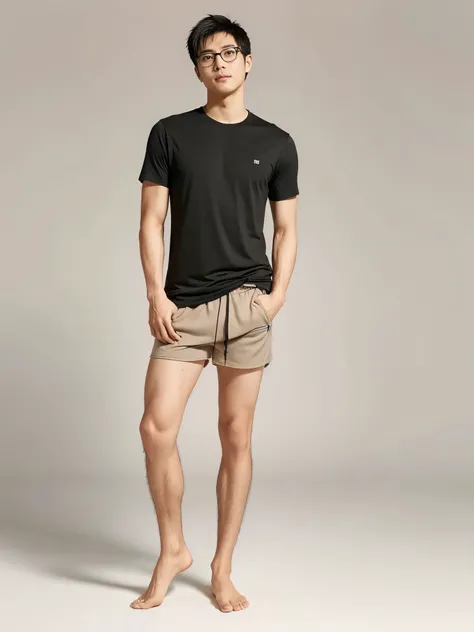 Light skin Hairy legs Track and field athlete Full body photo Wearing shorts Wearing a plain T-shirt Bare feet Toned legs Japanese Man in his late 20s Long legs Short hair Black hair Two-block black rimmed glasses Standing upright There is