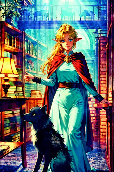 arafed a picture of elf vampire in her castle and her pet wolf, an exquisite beautiful female elf vampire (ultra details, Masterpiece, best quality), blond hair, pale skin, hair in a ponytail, long hair, blue eyes, cold eyes, smirking, wearing white dress ...