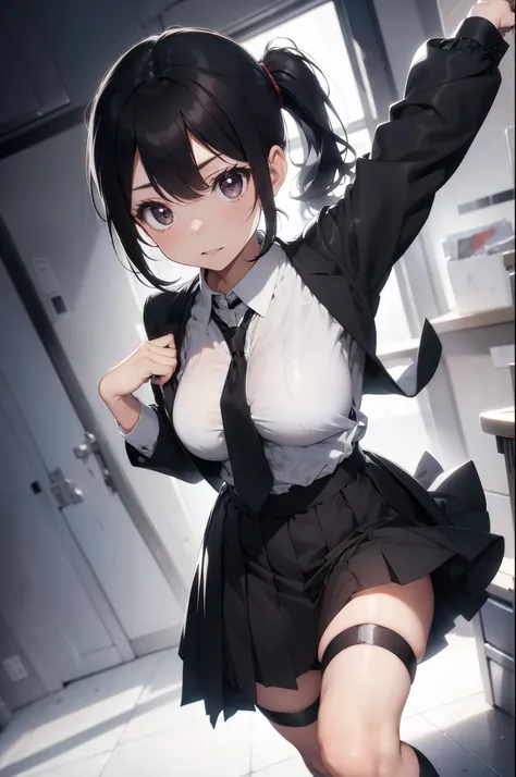 a black skirt, tie, White shirt　sling, long black hair, gray eyes, leather case, Garter on the legs, mitigately breasts, hands raised overhead, mitigate, Pichi Pichi clothes, two sides