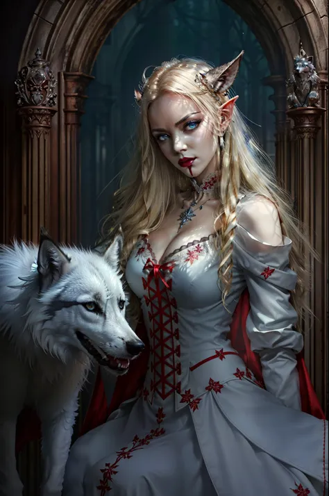 arafed a picture of elf vampire in her castle and her pet wolf, an exquisite beautiful female elf vampire (ultra details, Masterpiece, best quality), bloody mouth, blond hair, pale skin, hair in a ponytail, long hair, blue eyes, cold eyes, smirking, wearin...