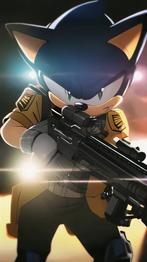 battle-scarred angry sonic army wearing black ops uniform, holding carbine rifle, anthropomorphic, super detail, ultra hd, 64k, ...