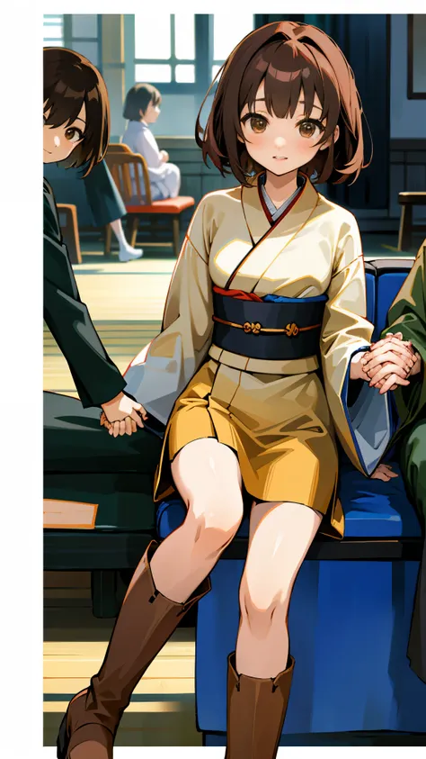 Onnazai&#39;s kimono(adult style)brown hair,  brown eyes, knee high boots, short hair, half up hair :c ,c(Young women in kimono sitting on chairs in a gymnasium with people holding hands