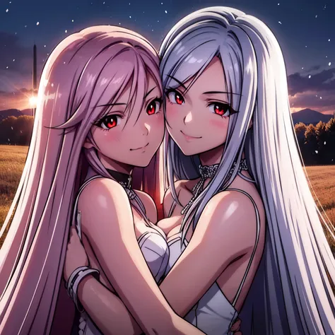 ((two girl)), 32 years old, the girl on the left has long silver hair and red eyes with slit pupils, the girl on the left wear a...