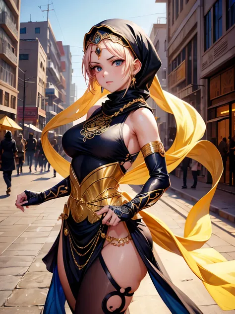 8k wallpaper of a beautiful anime ninja girl wearing gold jewelry and hijab in the streets of a city in the Western Sahara, by artgerm, intricate detail, trending on artstation, 8k, fluid motion, stunning shading, by wlop