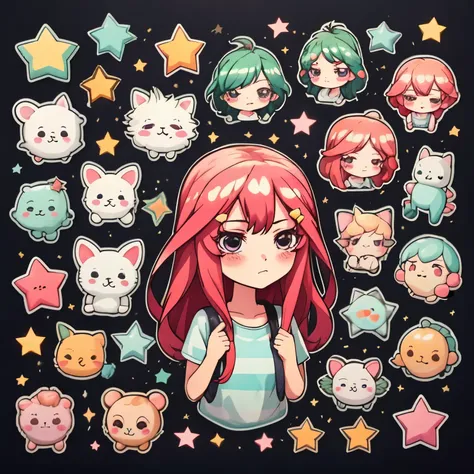 multiple stickers, 1 girl, solo, sticker, (cute) , stars, white background, no background,  background, minimal, cute, tiny, pas...