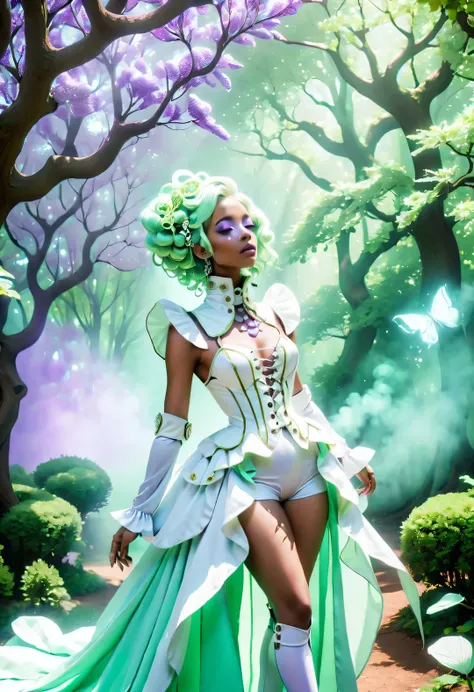 Ethereal Rococo Futurism, Wonderful thoughts in the park, white, mint green, Lavender, (cream color: 0.6), Minimalism, Cybergoth Fashion Photography, smokey eye shadow, Bright Eyes, Advanced Mist-Eternal Ether Clothes, beautiful trees, Detailed natural out...