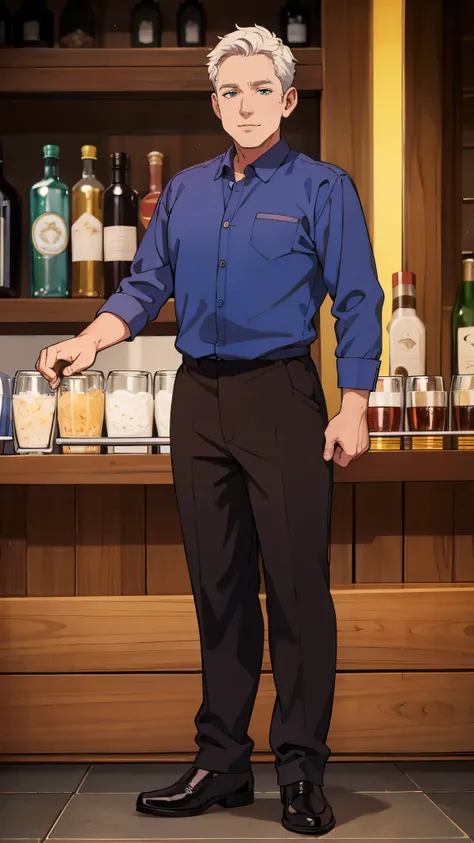 older smiling barman, full body in image, normal body, standing pose